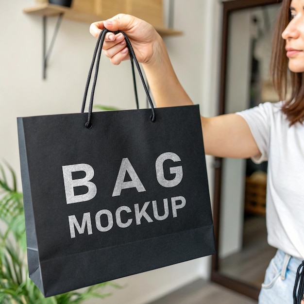 Bolso de papel na mão da mulher mockup de saco preto