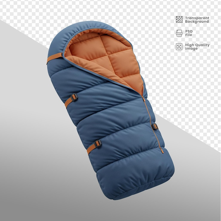 PSD bolso de dormir azul y naranja para acampar y aventuras al aire libre aislado sobre un fondo blanco