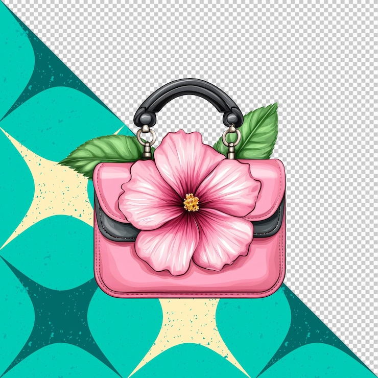 PSD bolso rosa con flor de hibisco y hojas verdes ilustración de accesorios de moda