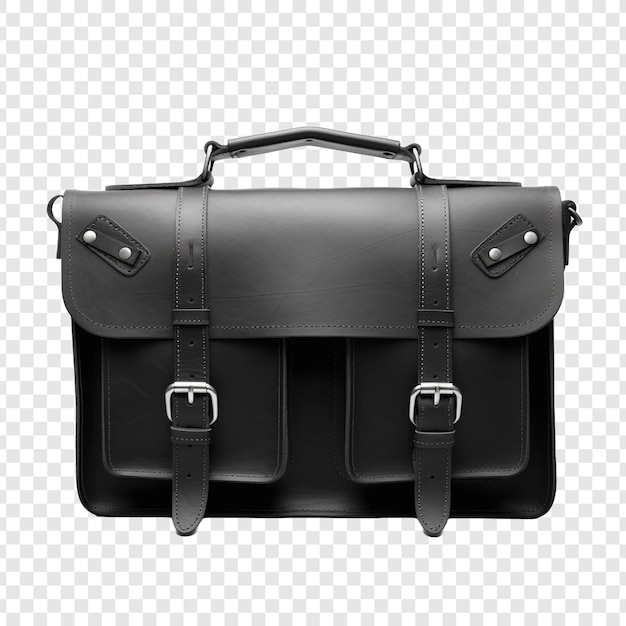 Bolso de trabajo de artesano de cuero negro abierto aislado sobre un fondo transparente