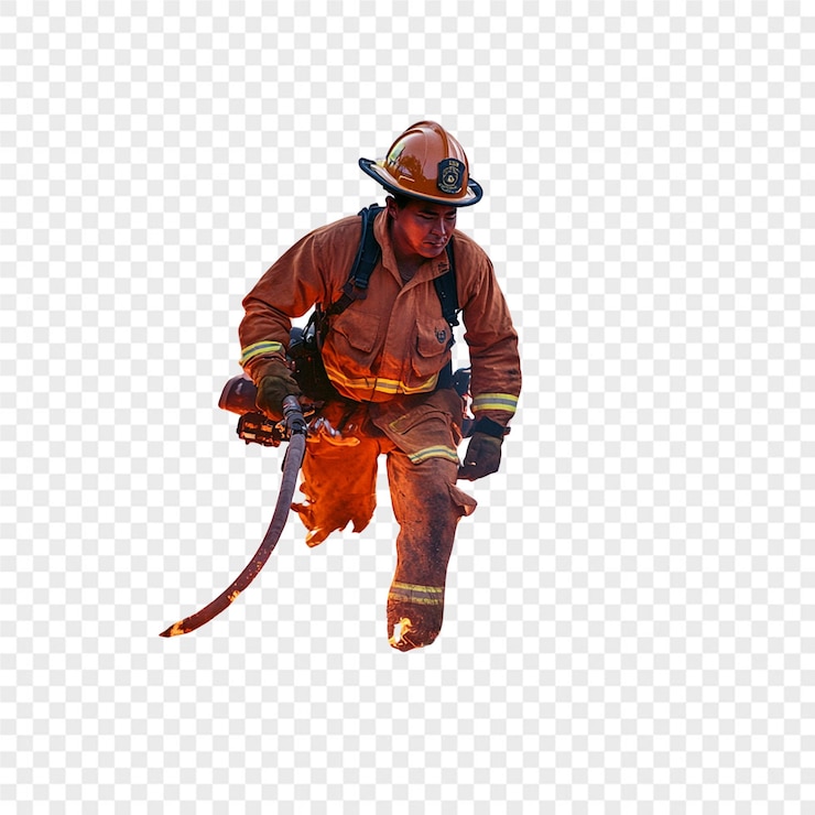 PSD bombeiro em um terno de incêndio com uma espada e bombeiro