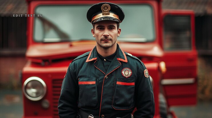 PSD un bombero confiado en uniforme se para delante de un camión de bomberos de época