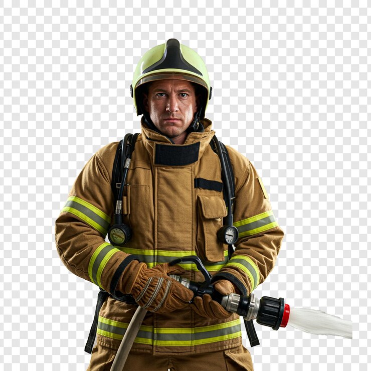 un bombero con una espada aislada en un fondo transparente