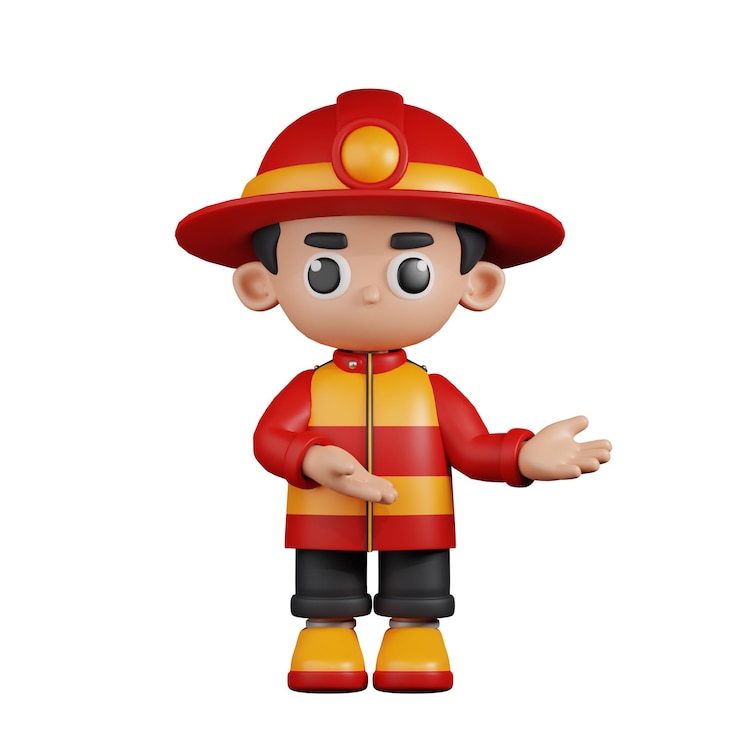 PSD bombero de personaje 3d apuntando a algo pose