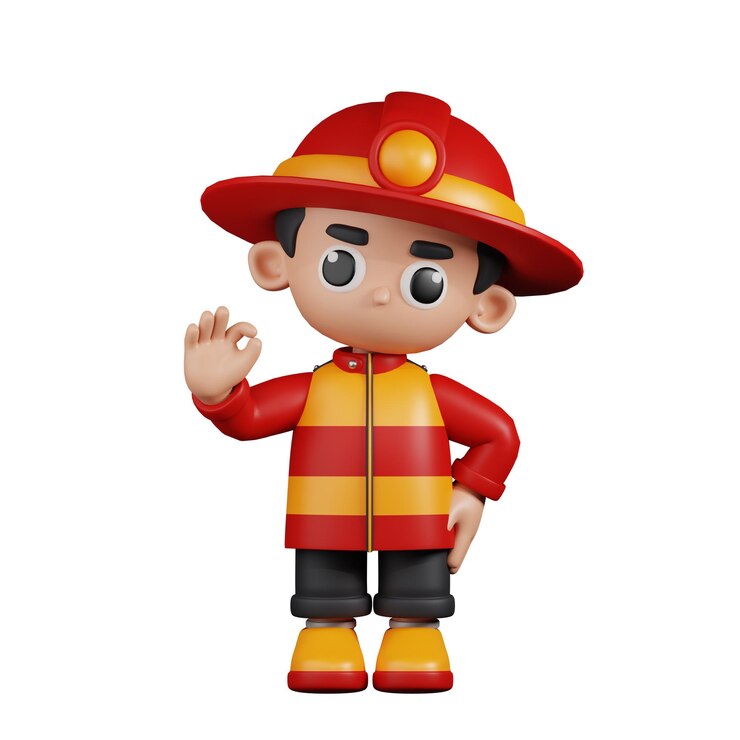 PSD bombero de personaje 3d dando pose de señal de ok