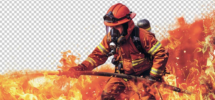 PSD bombero que utiliza una manguera de alta presión para extinguir un incendio aislado sobre un fondo transparente