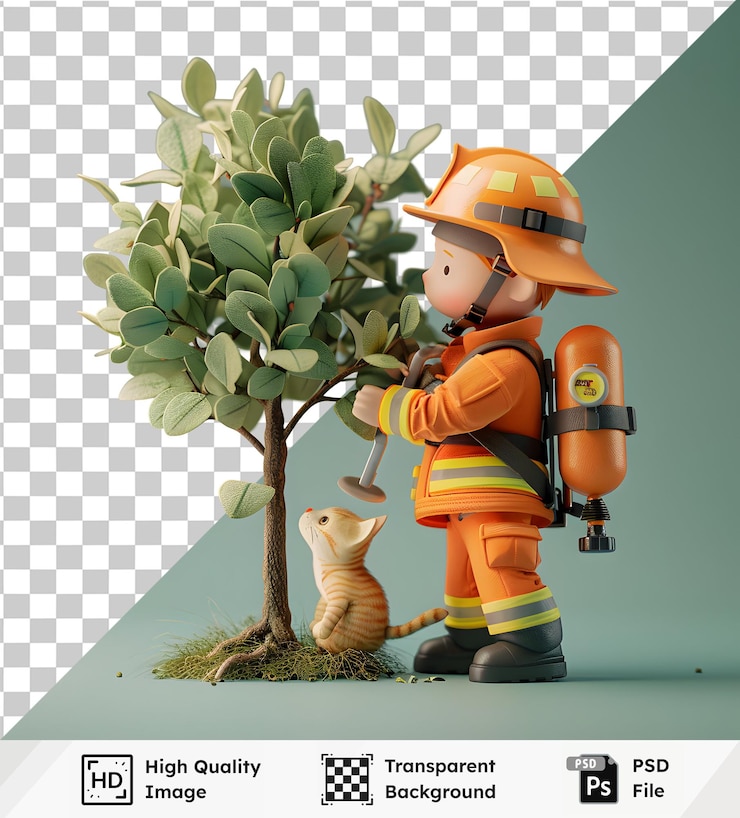 PSD bombero revisa árbol con gato y mochila imagen aislada