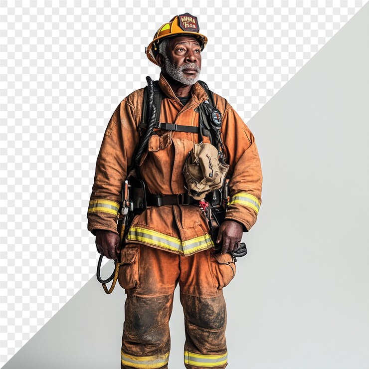 PSD un bombero en un traje de fuego se encuentra frente a una pantalla que dice bombero