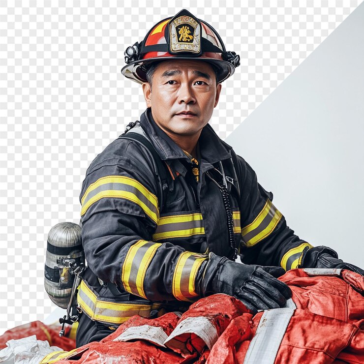 PSD un bombero con un uniforme de bombero se sienta frente a una pared con un bombero en ella