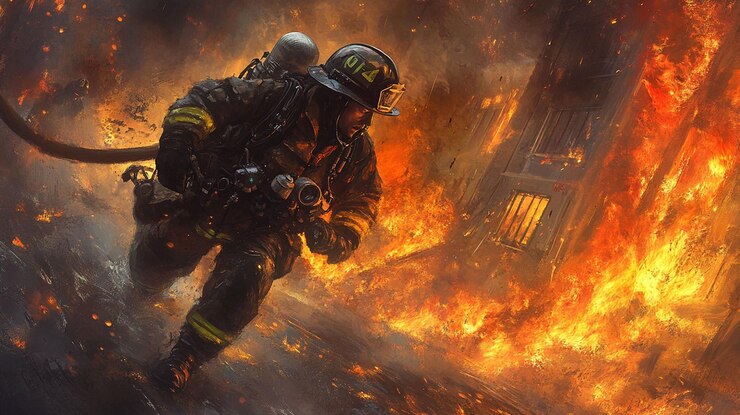 PSD los bomberos corren valientemente a través de un intenso infierno luchando contra un incendio masivo que envuelve edificios