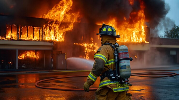 PSD bomberos luchando contra un intenso incendio que envuelve un edificio comercial
