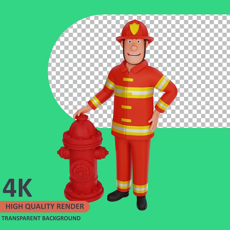 PSD bomberos de pie junto a la toma de agua representación 3d del modelado de personajes