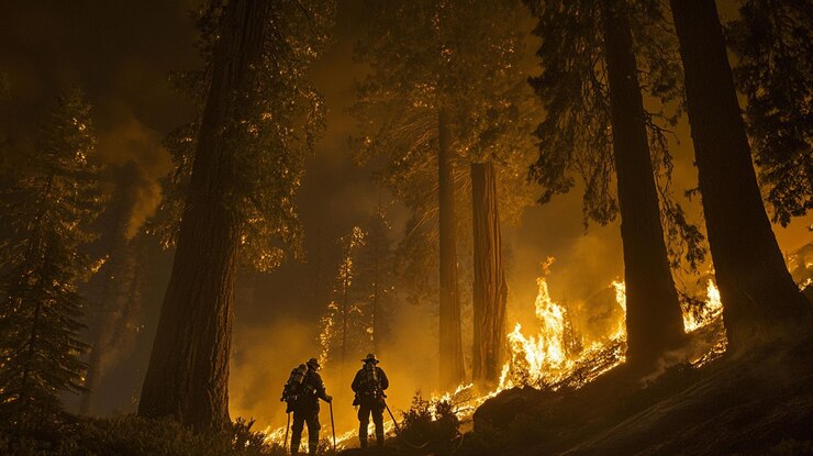 PSD los bomberos en silueta contra un incendio forestal furioso por la noche en un bosque