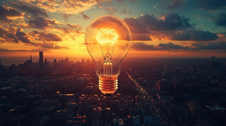 PSD una bombilla brillante sobre el horizonte de la ciudad al atardecer