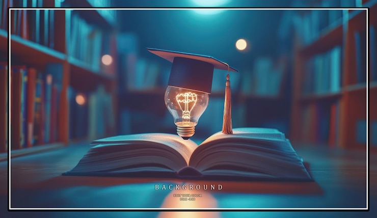 PSD una bombilla brillante con una tapa de graduación se sienta encima de un libro abierto en una biblioteca