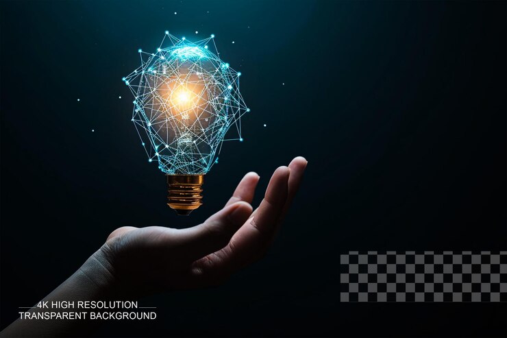 PSD una bombilla encima de la mano innovación de energía eléctrica digital sobre un fondo transparente