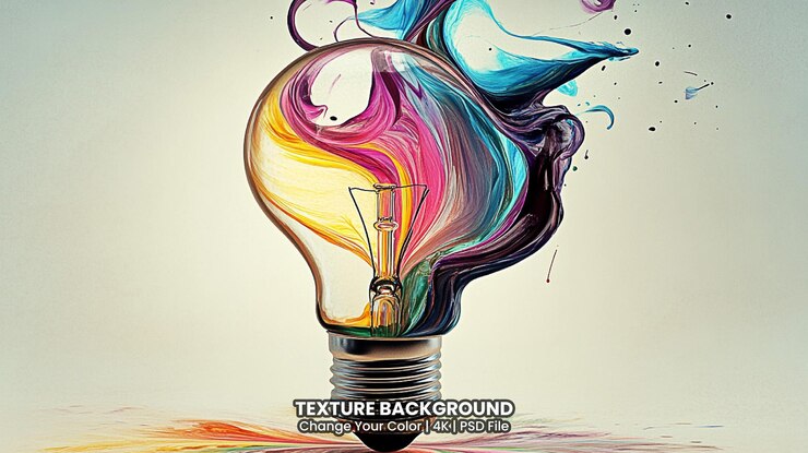 PSD con una bombilla con un fondo de textura rota de colores vibrantes