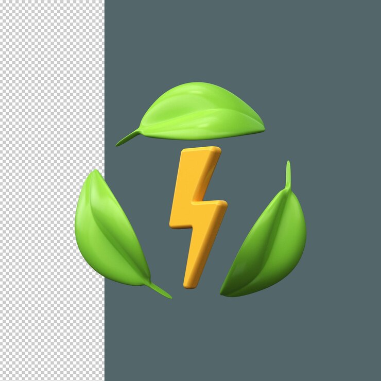 PSD bombilla con icono de hoja y flash dentro del icono de energía verde 3d