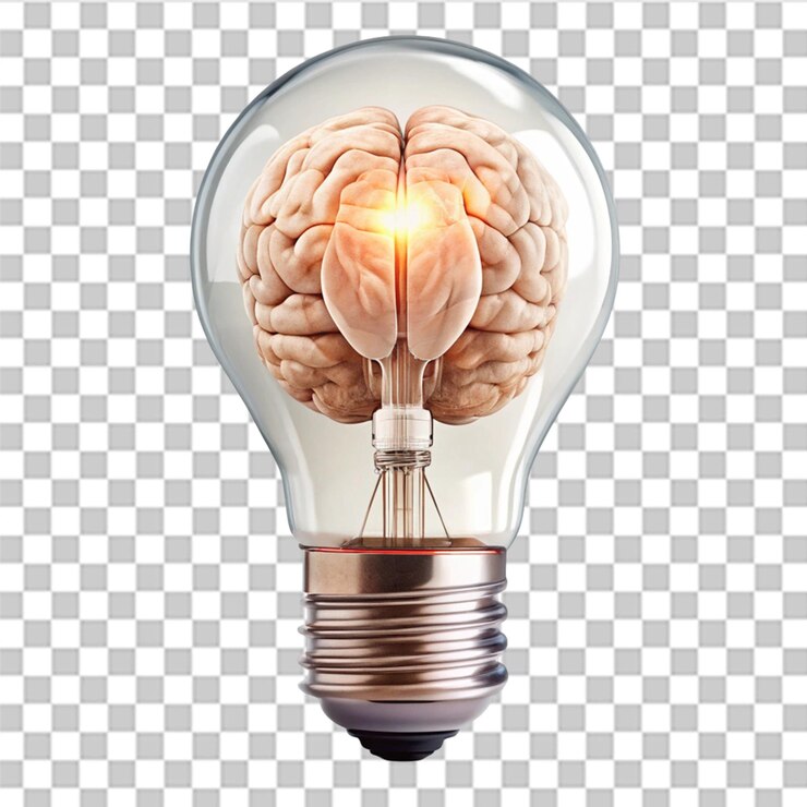PSD bombilla con ilustración del cerebro en el interior aislada sobre un fondo transparente