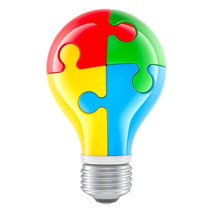 PSD bombilla de luz a partir de piezas de rompecabezas de colores idea concepto renderización 3d aislado en un fondo transparente