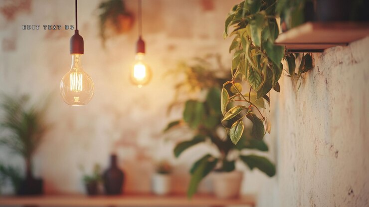 PSD las bombillas edison calientes cuelgan sobre las plantas en macetas en una pared texturizada