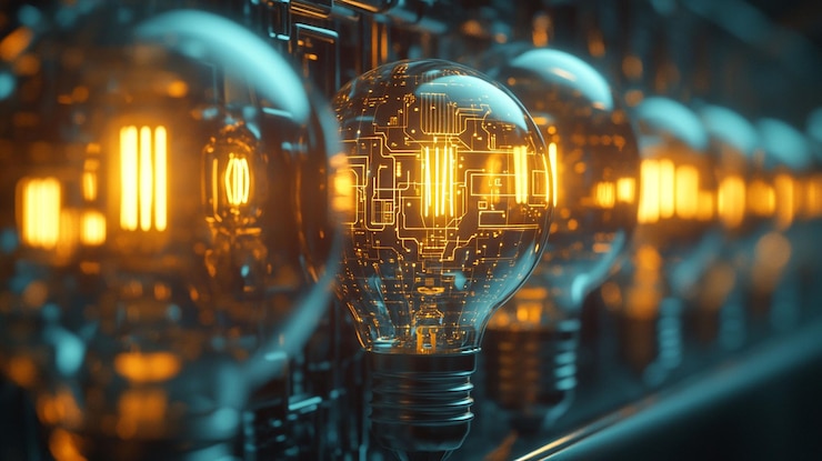 PSD bombillas iluminadas con placa de circuito en el interior que simbolizan la innovación y la tecnología