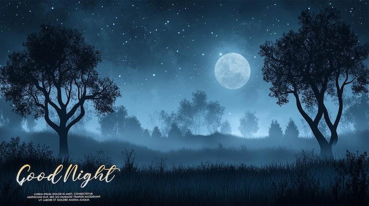 PSD bon paysage nocturne avec des contours d'arbres sombres