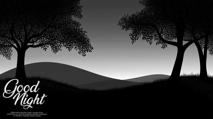 PSD bon paysage nocturne avec des contours d'arbres sombres