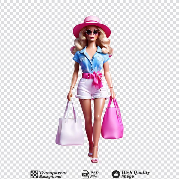 PSD boneca barbie segurando sacos de compras cidade isolada em fundo transparente