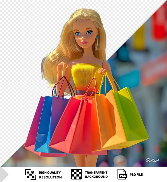 PSD boneca barbie transparente segurando sacos de compras fundo da cidade acompanhado por um saco amarelo e azul uma boneca com cabelo loiro longo um olho azul e um brincos de prata png