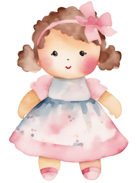 Boneca de brinquedo em aquarela para uma criança aquarela linda