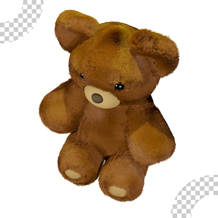 PSD boneca de urso de pelúcia marrom sentado 3d render isolado