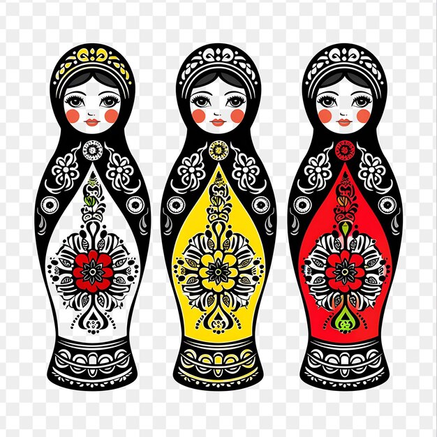 PSD bonecas matrioshka russas com trajes folclóricos tradicionais borderl tattoo line ideias de arte de tinta conceito cnc