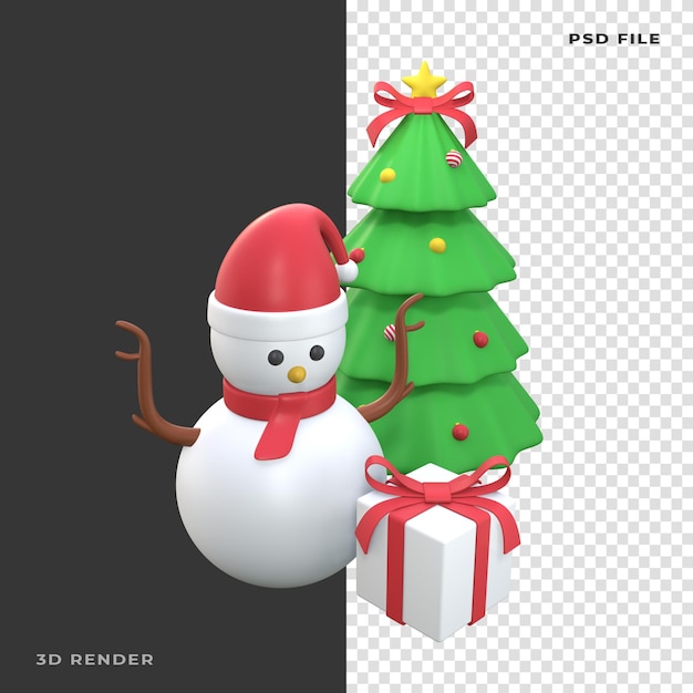 Boneco de neve 3d com árvore de natal em fundo transparente