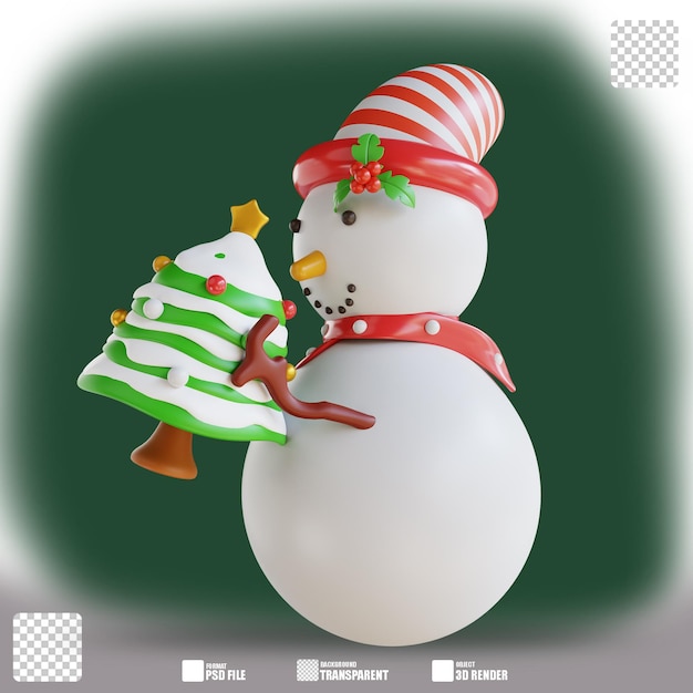 Boneco de neve de ilustração 3d segurando a árvore de natal