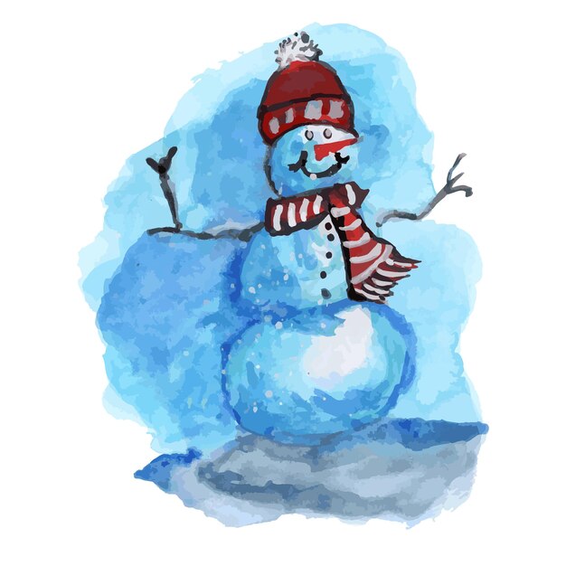 PSD un bonhomme de neige à l'aquarelle sur fond bleu.