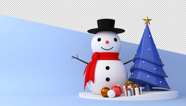 Bonhomme de neige, arbre de Noël et boîte-cadeau en rendu 3d