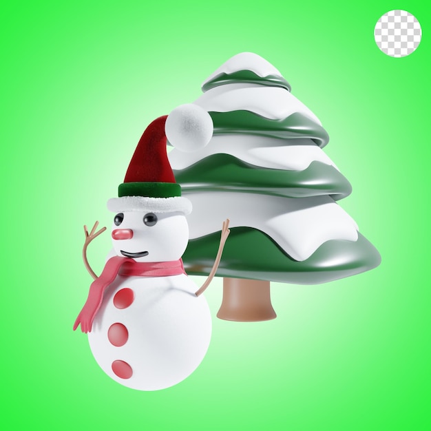 PSD un bonhomme de neige avec un arbre de noël illustration 3d