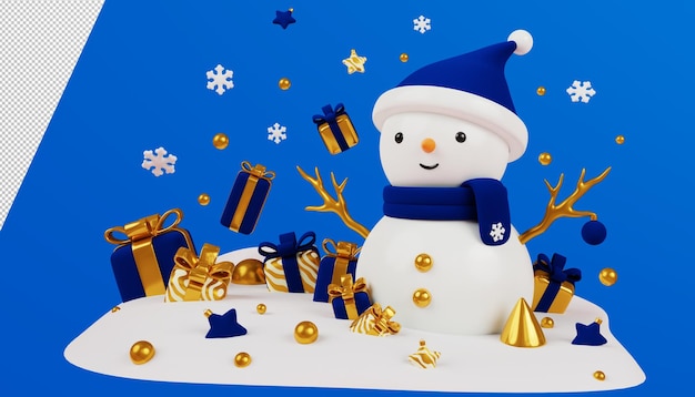 Bonhomme de neige mignon dans un chapeau de Noël et avec des coffrets cadeaux près de