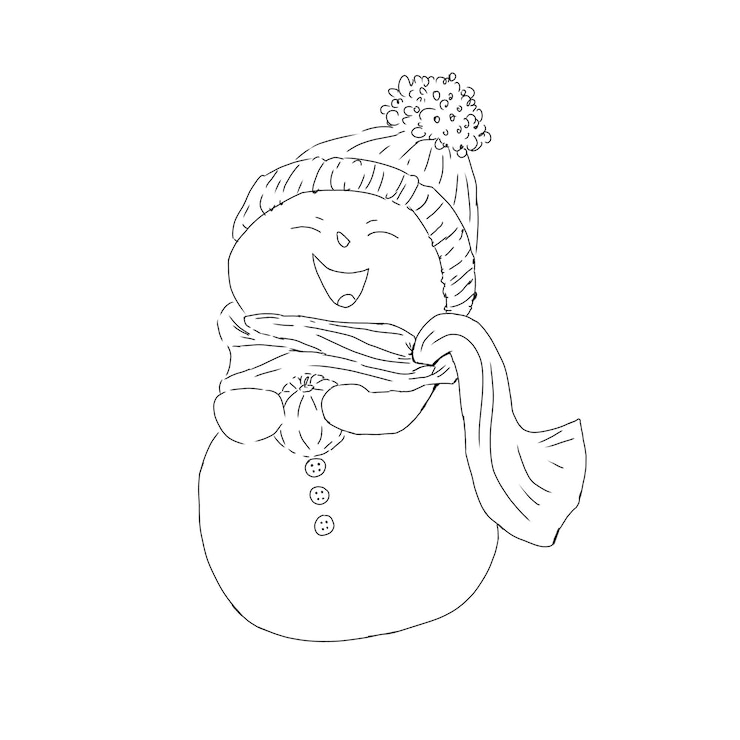 PSD le bonhomme de neige riant dans un foulard chaud et un chapeau tient une mandarine dans ses mains graphiques lin noir et blanc