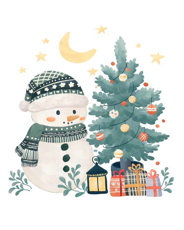 PSD un bonhomme de neige se tient à côté d'un arbre de noël