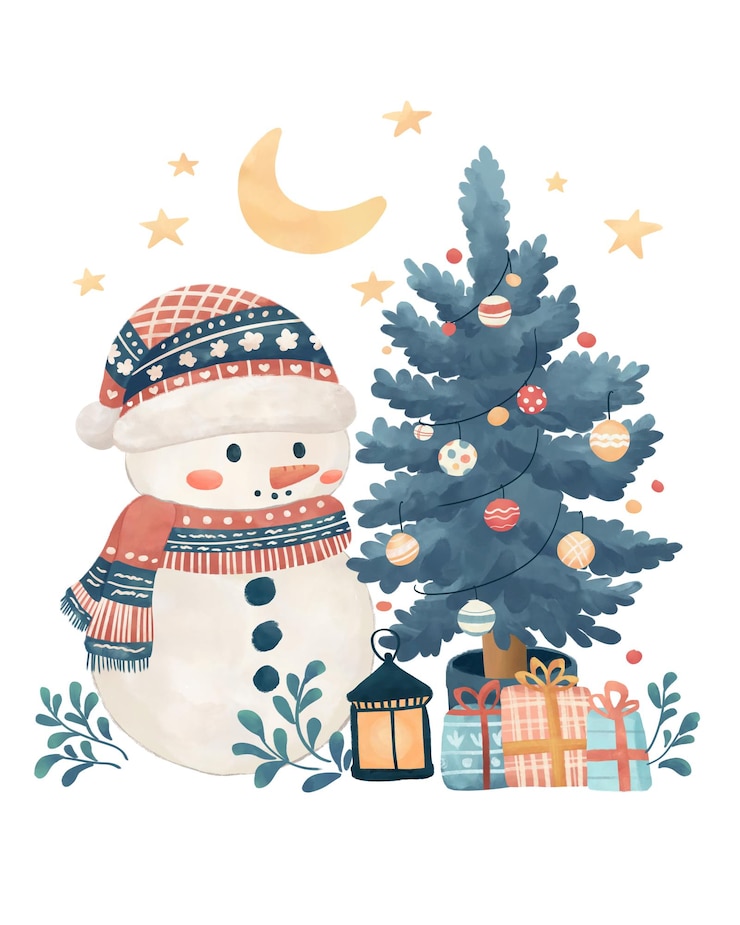 PSD un bonhomme de neige se tient à côté d'un arbre de noël