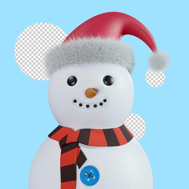 Bonhomme de neige souriant mignon en bonnet de Noel, rendu 3d. Visage drôle de bonhomme de neige