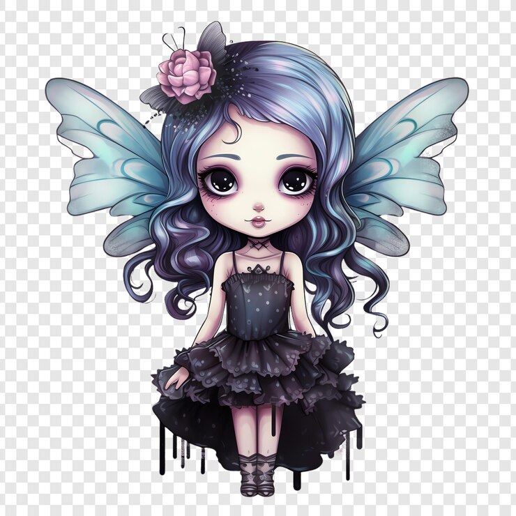 PSD una bonita hada azul con un vestido negro y una flor rosa