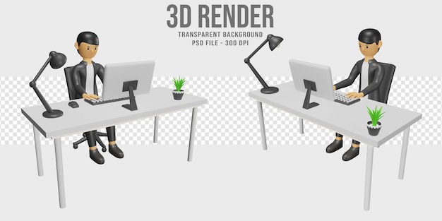 Bonita ilustración en 3D de un empleado de oficina que trabaja con una computadora en el escritorio