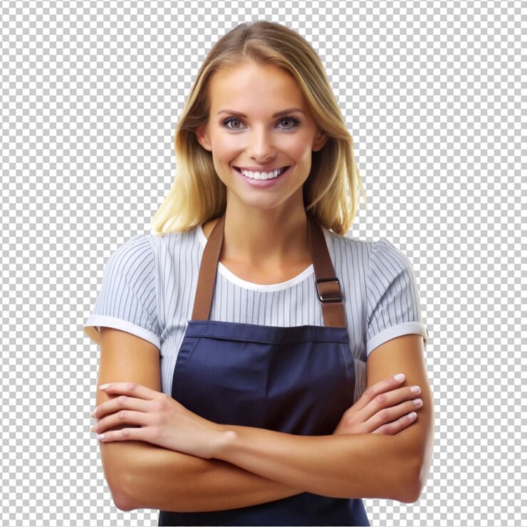 PSD bonita mujer barista aislada sobre un fondo transparente