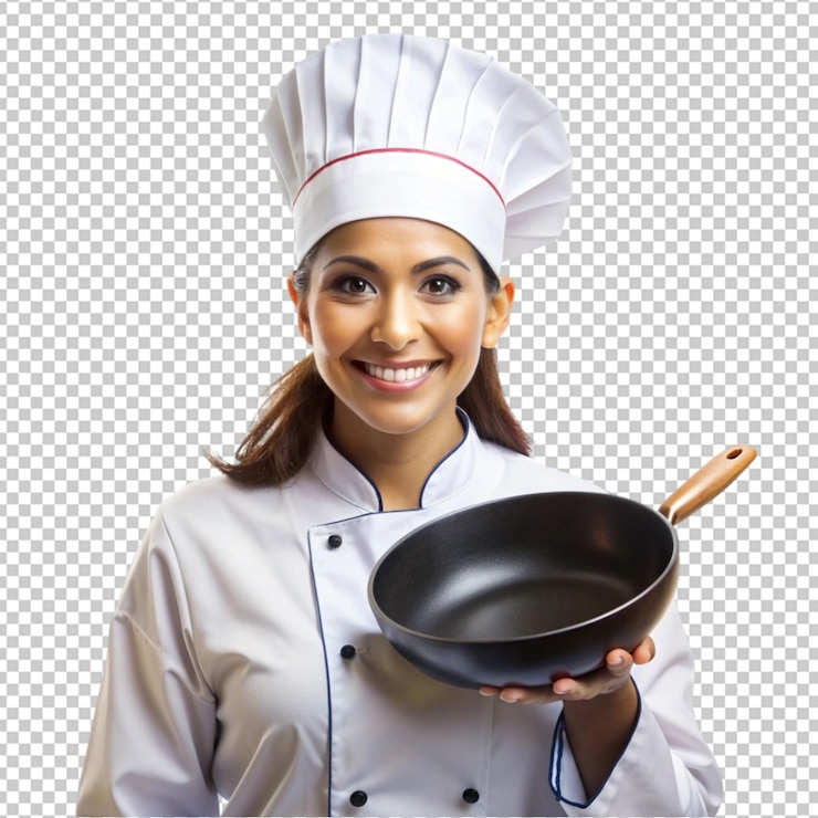 PSD una bonita mujer chef hispana con una sartén