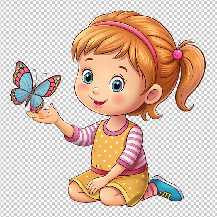 PSD bonita niña de dibujos animados jugando con una mantequilla de juguete completamente en un fondo transparente