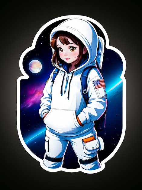 Bonita pegatina de anime en traje espacial blanco y fondo de la luna y el espacio y las galaxias hermoso anim