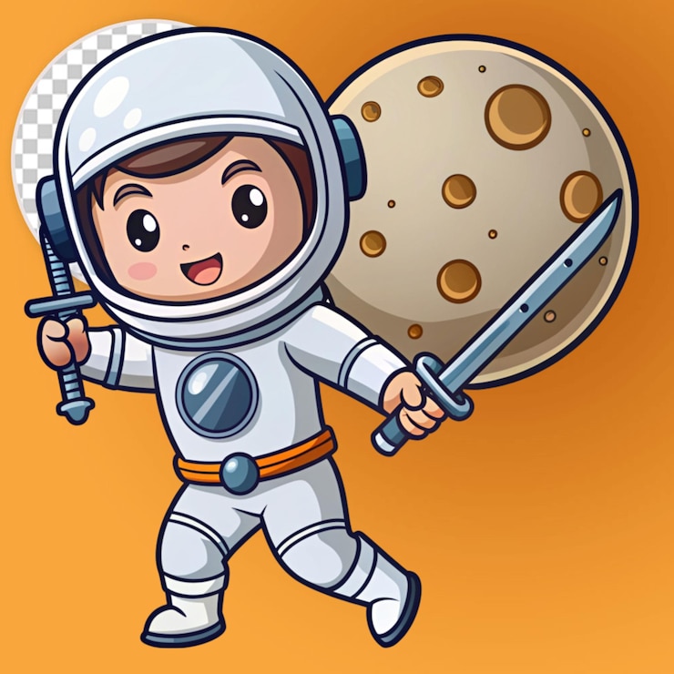PSD bonito astronauta ninja slash lua com espada desenho animado